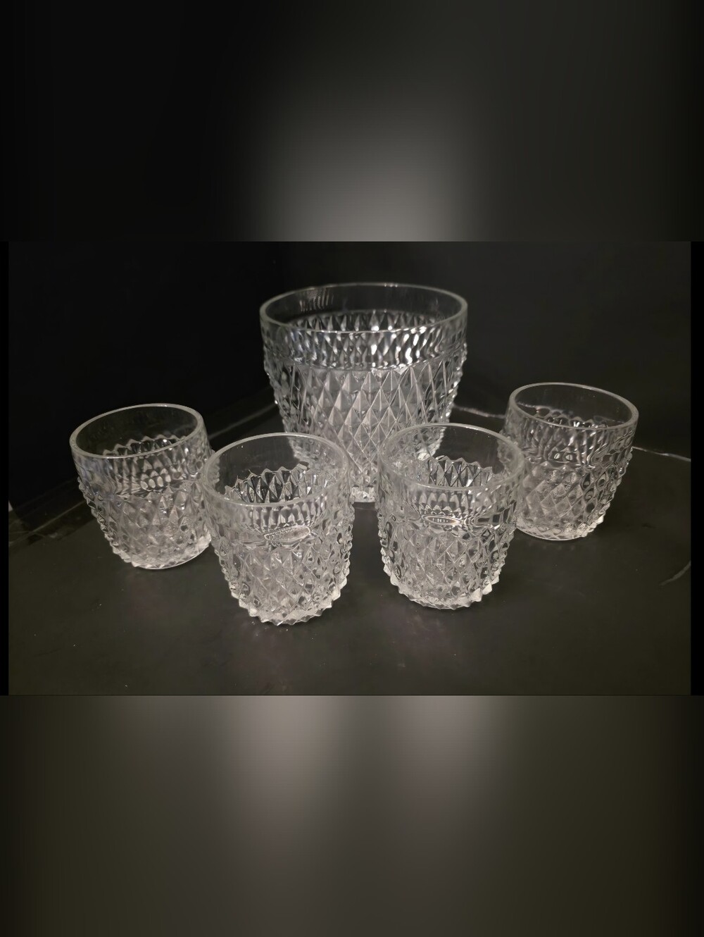 Vintage Indiana Glassware Diamond Point Whisky Glass Set With Ice Bucket